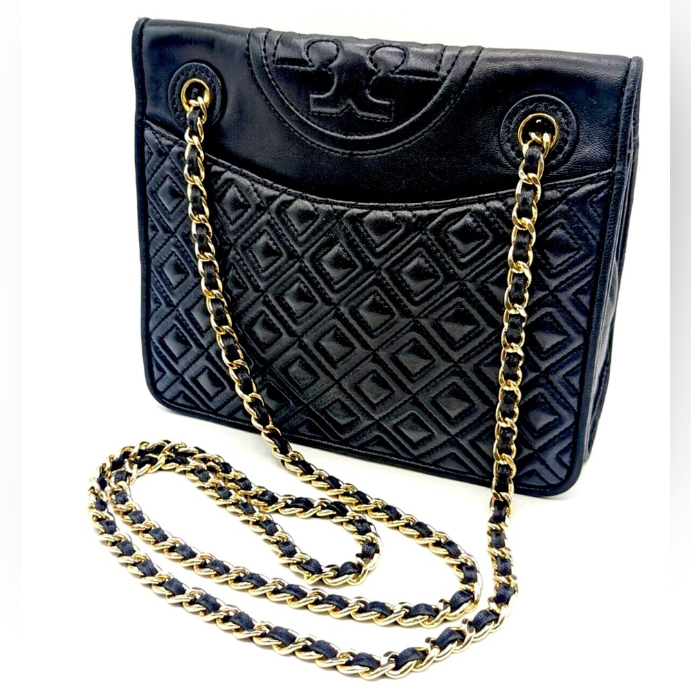 Tory Burch Black Quilted Shoulder Bag with Gold Chain